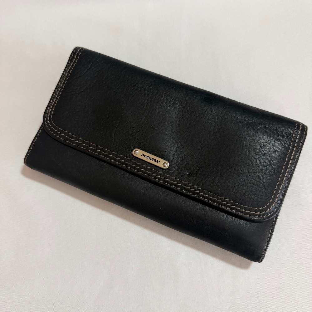 Dockers Black Leather Tri-Fold Continental Wallet Plaid Lining Checkbook Holder